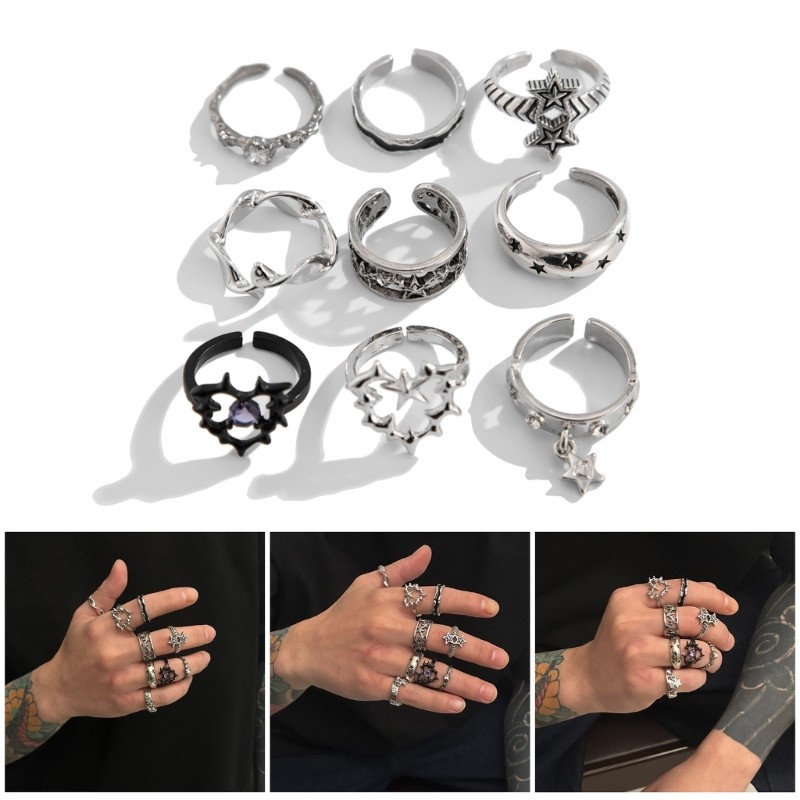 Silver Pickup Rings 9 Pieces Vintage Silver Rings Set for Women and Men Punk Styles ...