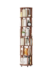 Rotating 6-Tier Wood Bookshelf on Wheels for Small Spaces Walnut