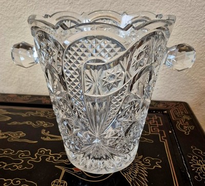 Large 8'' Leaded Crystal Cut Clear Glass Ice Bucket Vase Knob Handles 8 Lbs Rare!