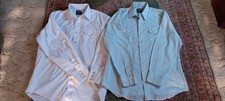 Vintage Wrangler Long Tail Shirts Size L Pearl Snap; White, Light Blue