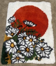 Vintage MCM Latch Hook Rug Wall Hanging Floral Design