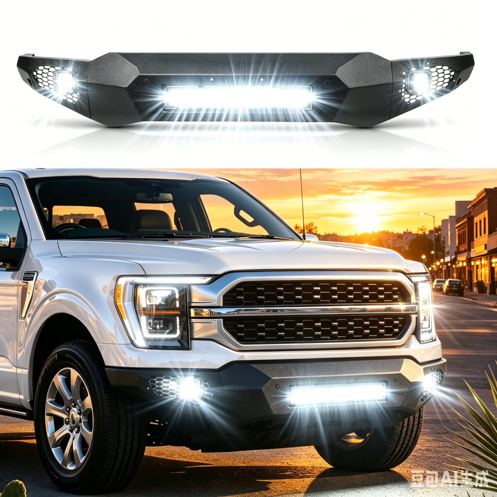 For 2021-2023 Ford F-150 Black Front Bumper w/ 120W LED Light Bar 39W Spotlights