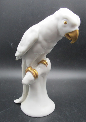 White Porcelain Parrot Figurine with Gold Accents- marked