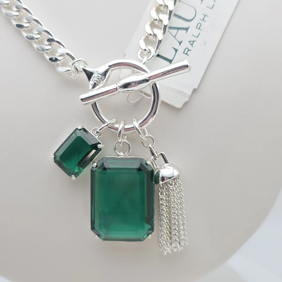 ¡Nuevo! Collar con borla de palanca Ralph Lauren piedra verde placa de plata cadena de borla 16" Foto 2 de 4