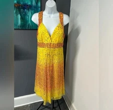 Women’s Size 10 Silk Sundress Yellow Colorful Lined V Neck Artsy Sleeveless