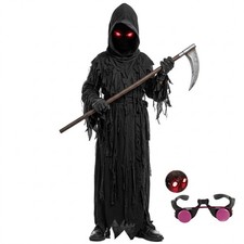 Halloween Scary Grim Reaper Costume for Boys Kids Glowing Red Eyes Mask Gloves