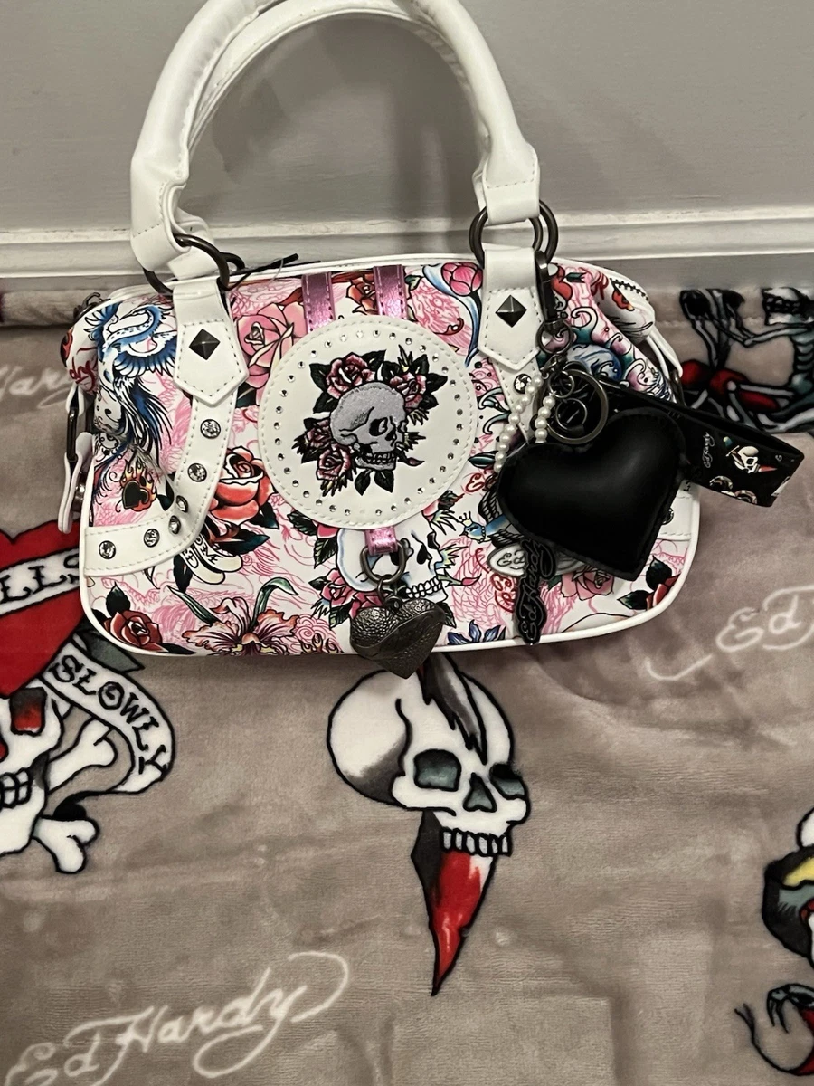 Ed Hardy Skull Tattoo Floral Satchel Bag White Studded Accents Bag