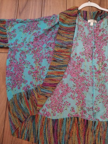 Dressbarn Open Front Kimono Women's Plus Size 3X Sheer Mid Length in Aqua/Pink - 第 1/8 張圖片