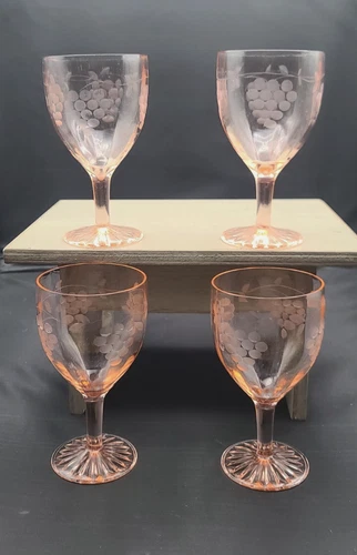 Standard Glass Etched Grapes Pink Depression Goblet Wine Glass Set of 4