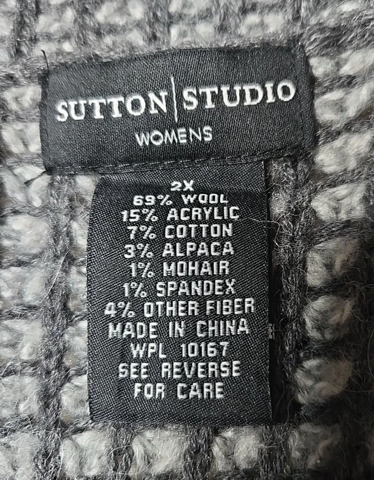 SUTTON STUDIO Mujer 2X Lana Alpaca Mohair Cárdigan Suéter Abierto Gris Blanco Foto 2 de 4