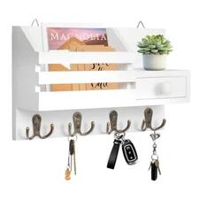 Key Mail Holder for Wall Wooden Key Mail Organizer with Drawer Wall Mount White
