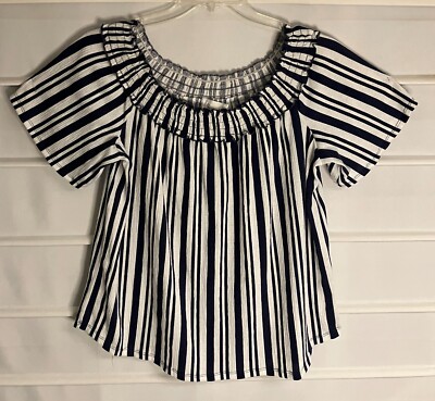 French Laundry Navy Blue White Striped Elastic Neckline SS Blouse XL EC!