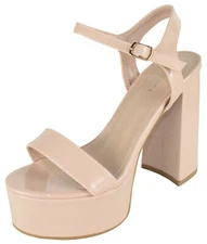 MODA Women Chunky Thick High Heels Sandals Platform Strap JASMINE Beige Nude Pat