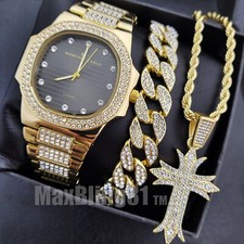 HIP HOP GOLD PT SIMULATED DIAMOND WATCH ICED CUBAN BRACELET CROSS NECKLACE