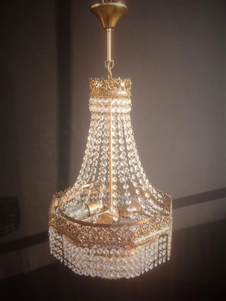 Lámpara de araña de cristal antigua vintage de latón LED cesta techo Foto 2 de 4