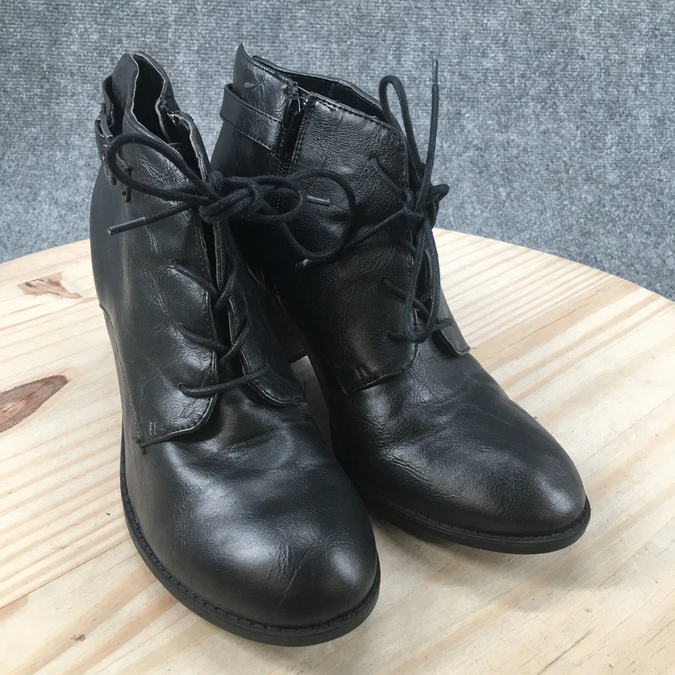 Botas Diba para mujer 9,5 M tacón botines al tobillo negro imitación cuero hebilla con cordones Foto 3 de 4