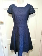 [ UNIQLO ] Womens Navy Blue Cotton Blend Broderie Anglaise Dress | Size S 