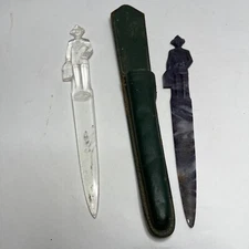 Fuller Brush Company Letter Openers & Leather Green Sheath Clear Slag Purple VTG