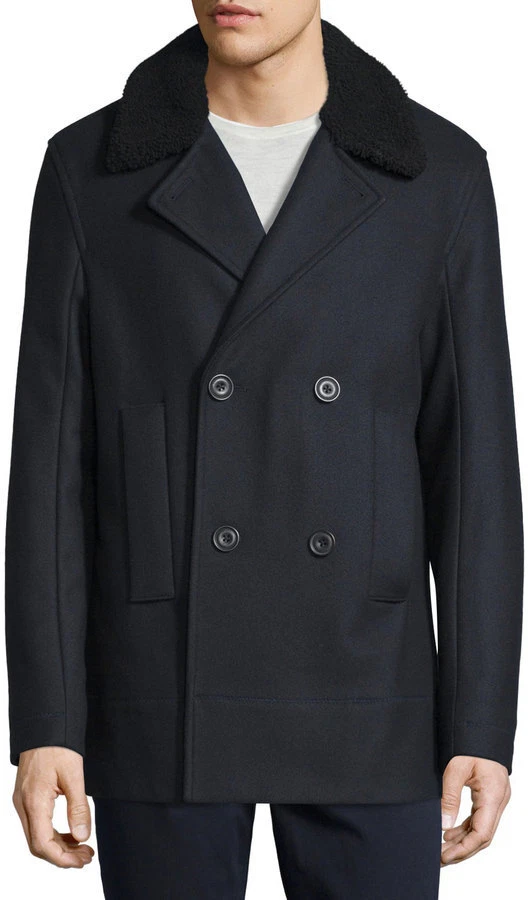 Mens Vince Melton Wool-Cashmere Pea Coat w/Shearling Collar, Navy Size L  Large