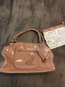 Barr Satchel Handbag Beige Sand Patent Leather Alma Barr Satchel Handbag Beige