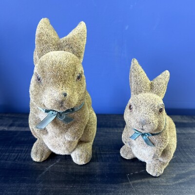 2 Vintage Flocked Bunny Rabbits Cottagecore Country Spring Easter Decor READ