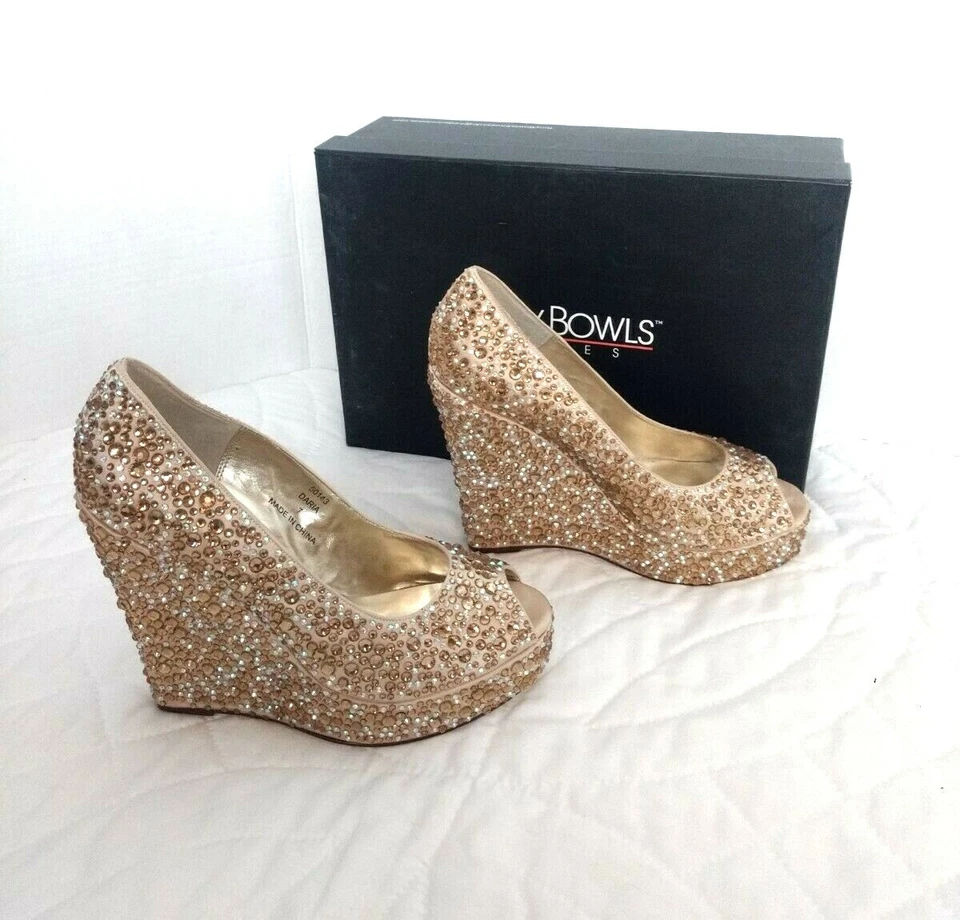 Tony Bowls Cuña Tacones Altos Zapatos Dorado Novia Baile de graduación Concurso Brillante Boda Fiesta Foto 3 de 4