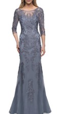 New La Femme Gorgeous Floral Lace Sheath Gown 3/4 Sleeve Slate Blue Sz 16 619