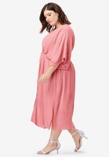 Roamans Crinkle Button Front Dress w/ Kimono Sleeve Coral Womens Plus Size 20W