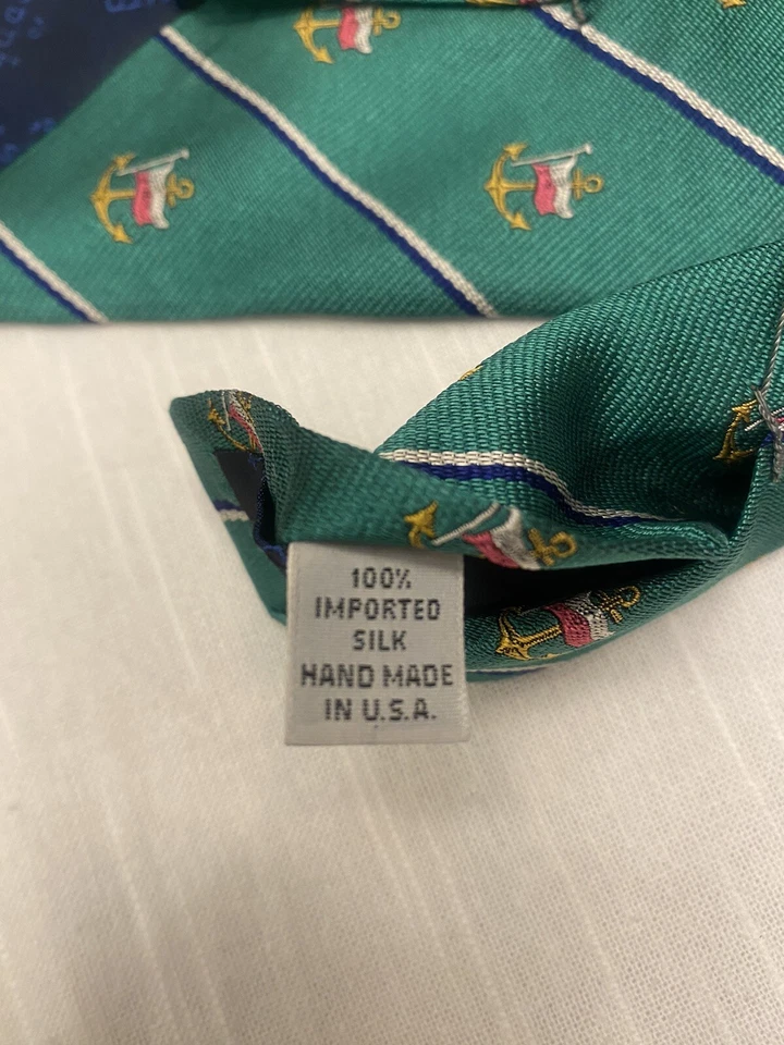 Vtg Aquascutum Of London Necktie Hand Finished Silk Anchors Flag Striped Green - Изображение 4 из 4
