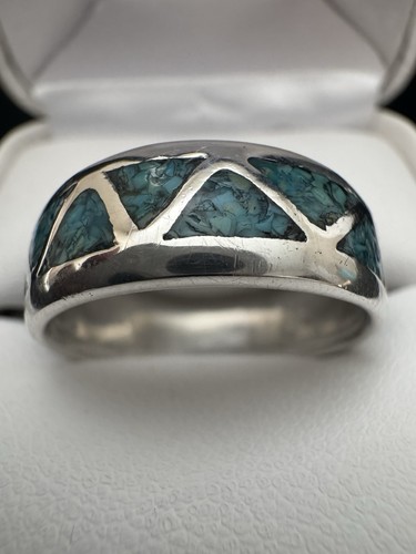 Vintage Southwestern Sterling Silver Turquoise Inlay Band Ring Size 9”