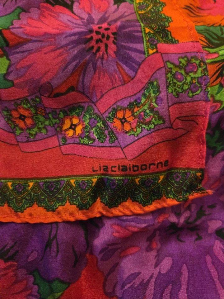 Bufanda vintage 1990 Liz Claiborne brillante colorida floral oblonga 100 % seda Japón Foto 2 de 4