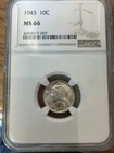 1943 Mercury Dime NGC MS-66 - 👀BRIGHT WHITE CLEAN +LUSTER