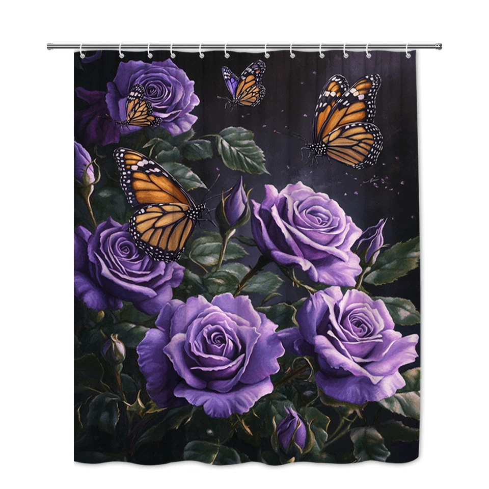 Cortina de chuveiro borboleta rosa roxa floral arte monarca decoração de banheiro - Imagem 4 de 4