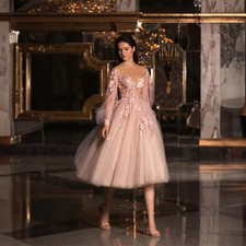 Pink Off Shoulder Flower Wedding Dresses Puff Sleeve Tea-Length A-Line Tulle