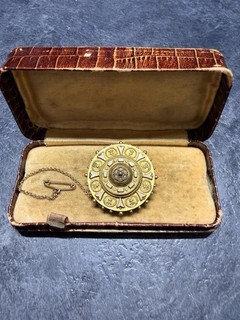 Antique Victorian 15ct Yellow Gold Target Etruscan Mourning Pin Brooch 3cm 7.7g