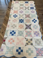 Antique 1929 Hand-Stitched Nine Patch Quilt Scalloped Edges