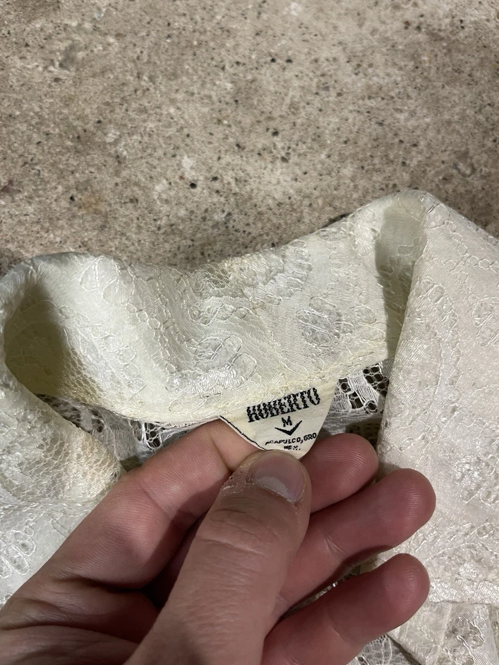 Camisa Hippie Vintage Años 50 60 Cuello de Tela de Encaje Talla M Botón Cuadrado Reelaboración Bode Foto 4 de 4