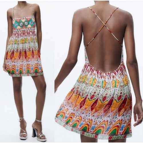 Mini Vestido ZARA Bordado Talla XS Lentejuelas Boho Tirantes Colorido Boho Festival - Imagen 12 de 14