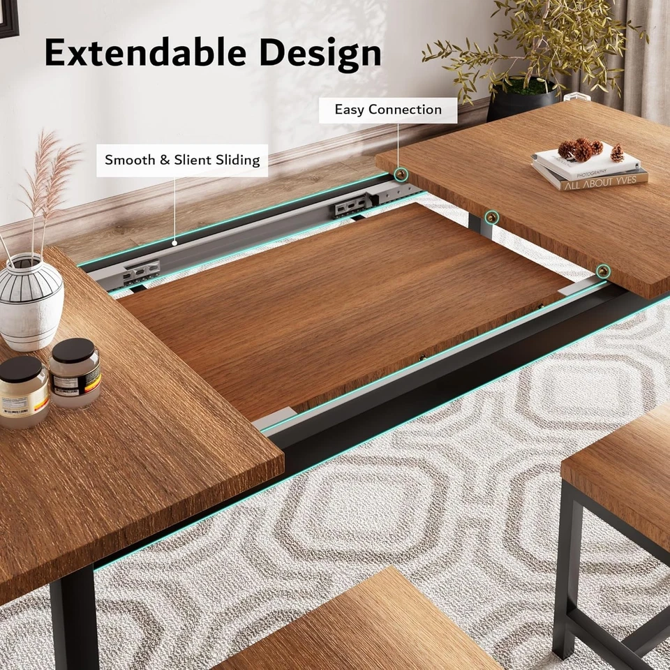 7-Piece Dining Table Set 6 Stools Extendable Kitchen Table Sturdy Metal Frame - Image 4 of 4