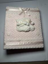 Pink fabric-covered baby photo album with lace. 7 L X 6 W. 1/22