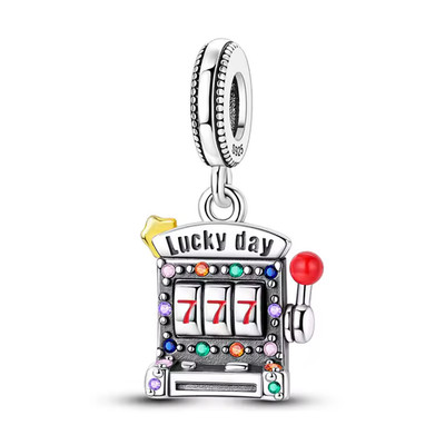 LUCKY DAY 777 SLOT MACHINE GAMBLERS CZ STERLING SILVER BRACELET CHARM & POUCH!