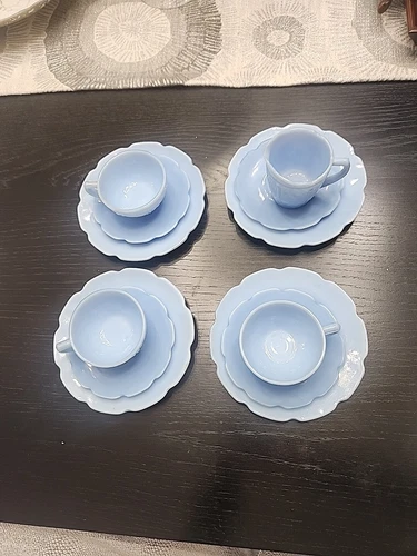 Vtg Blue Delphite Cherry Blossom Jeanette Depression Glass 12pc Childs Dish Set