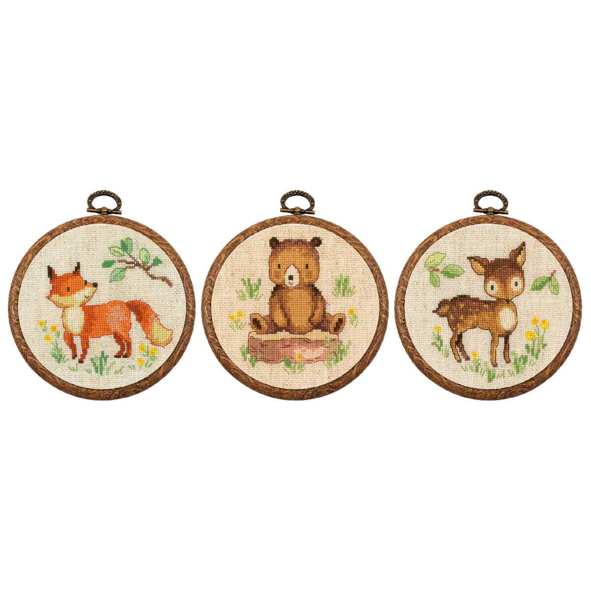 Vervaco counted cross stitch kit ""Forest animals"" Set of 3 with hoops, Diam. 10c