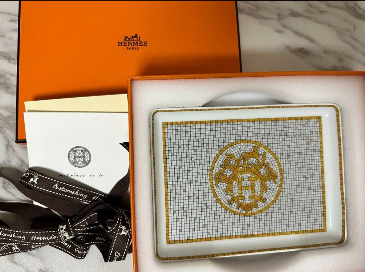 HERMES Mosaique au 24 Gold Rectangle Plate Tray 16 x 12 cm with BOX | eBay