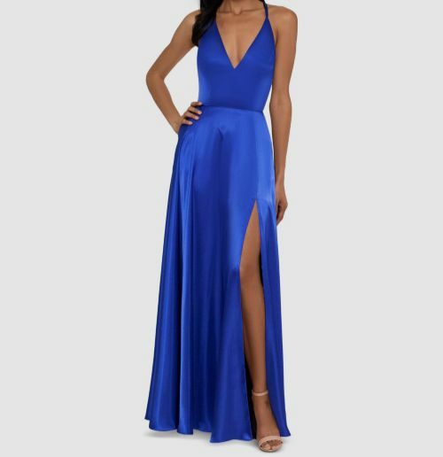 $375 Betsy & Adam Women's Royal Blue Tri-Color Strap Tie-Back Satin Gown Size 0
