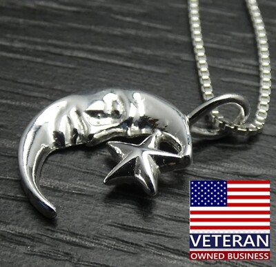 Sterling Silver Magical Star Crescent Moon 2D Charm Box Chain Necklace 16-18 in
