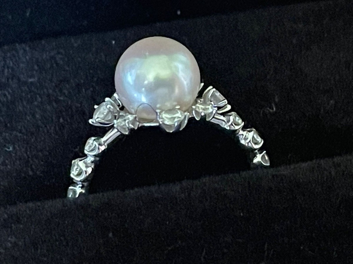 Pearl Diamonds White Gold Engagement Ring Emma Stone Style Handmade  Kataoka