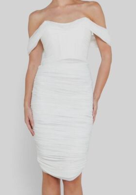 $378 Lavish Alice Women's White Off-Shoulder Ruched Bodycon Midi Dress Size 6