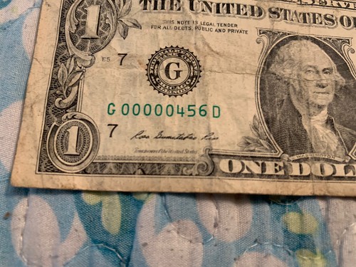2013 1 Dollar Bill. Low Serial Number. G 00000456 D. - Picture 3 of 6