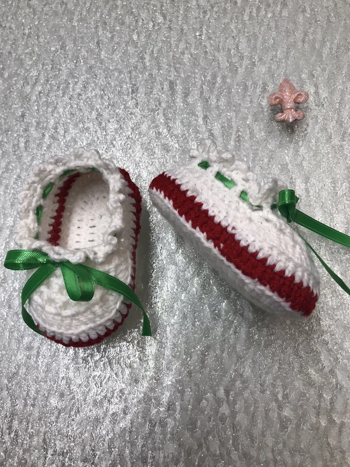 Botines Bebé Crochet Recién Nacido Calcetines Regalo 0-6 Mo Color Navidad Rojo Verde Blanco Foto 2 de 3